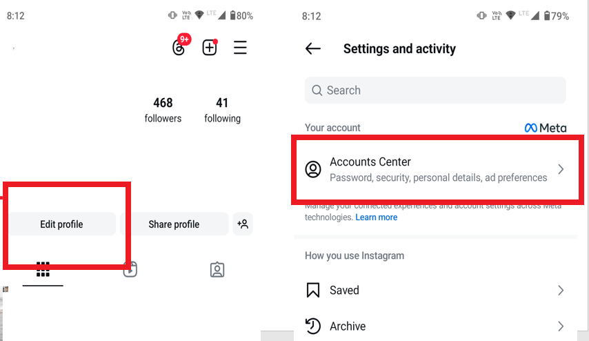 mobile Instagram screenshot of edit profile section and account center