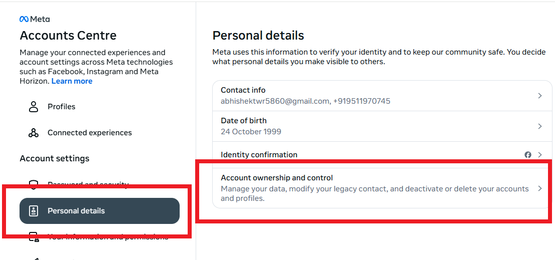 personal details option and account ownership and control section screenshot
