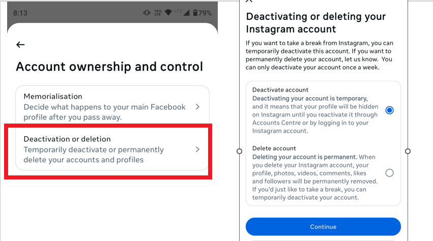 mobile Instagram screenshot deactivate account option and delete permanently option