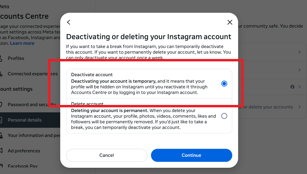 delete or deactivate option screenshot