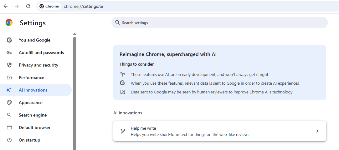 ai innovaton option in chrome setting screenshot