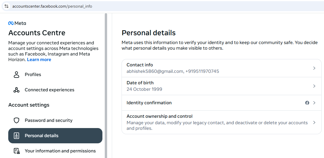 personal details option and account ownership section