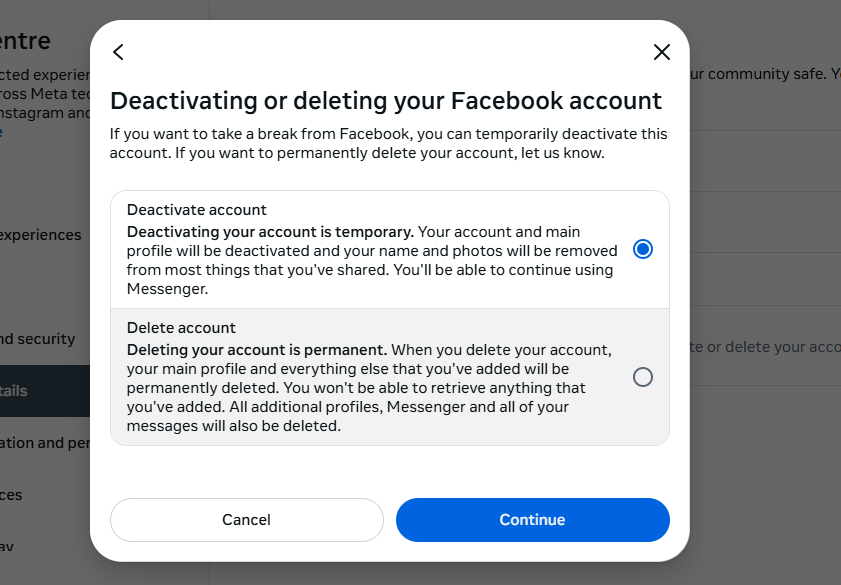 delete account screen screenshot