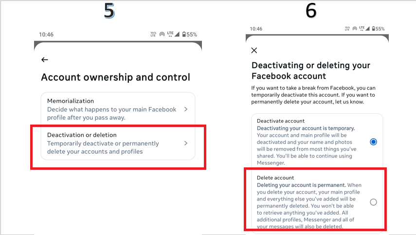 mobile Facebook screenshot of delete account confirmation