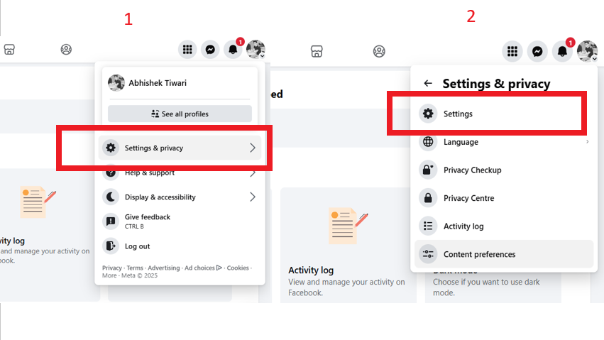 setting option in Facebook screenshot